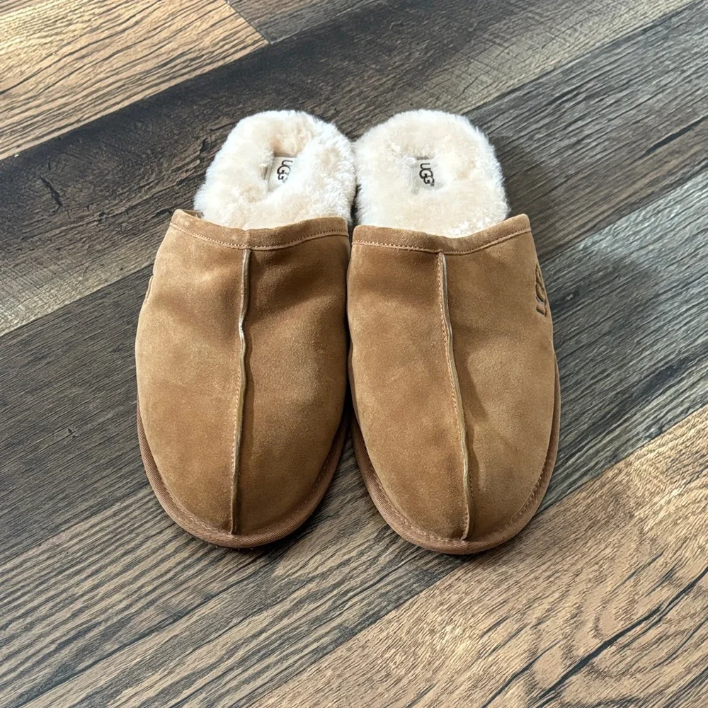 UGG Men's Brown Suede Shearling Lined Scuff Slip-Ons Slipper in Chestnut Size 18 - Picture 2 of 6